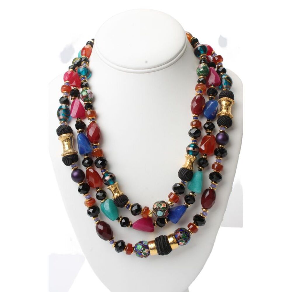 Barrera Womens Gold Tone Multigemstone + Glass Beaded Multistrand Necklace 21"